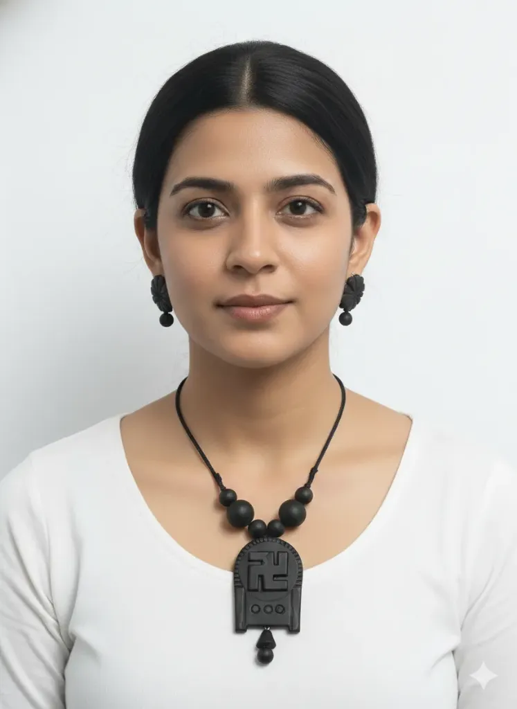 Handcrafted Matte Black Swastika Motif Terracotta Necklace Set