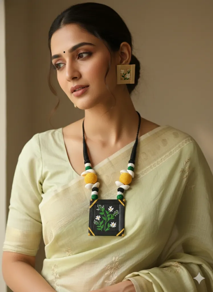 Hand-Painted Floral Terracotta Necklace Set with Fabric Beads